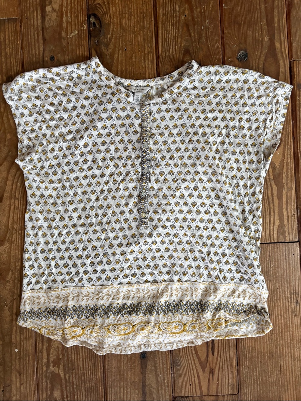 Lucky Brand White and Yellow Patterned Cap Sleeve Top Size S